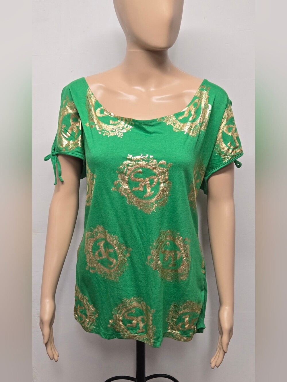 South Pole XL Top Boatneck Split Sleeve Stretch Green Gold New